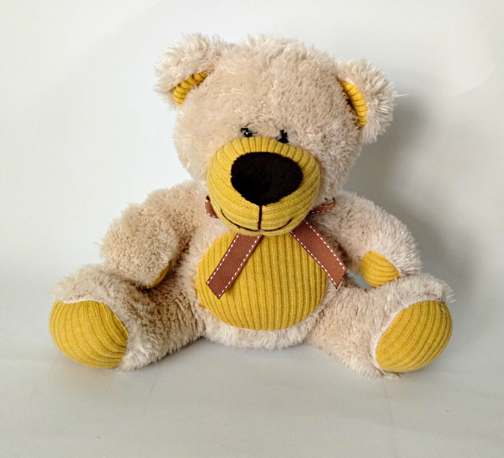 10" Beige & Yellow Plush Teddy Bear Black Eyes Brown Ribbon Stuffed Animal